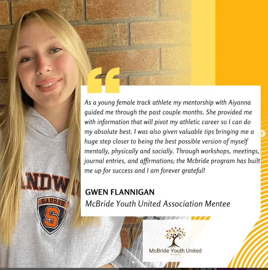 A McBride Youth United Association mentee pictured beside her testimonial about the mentorship programme.