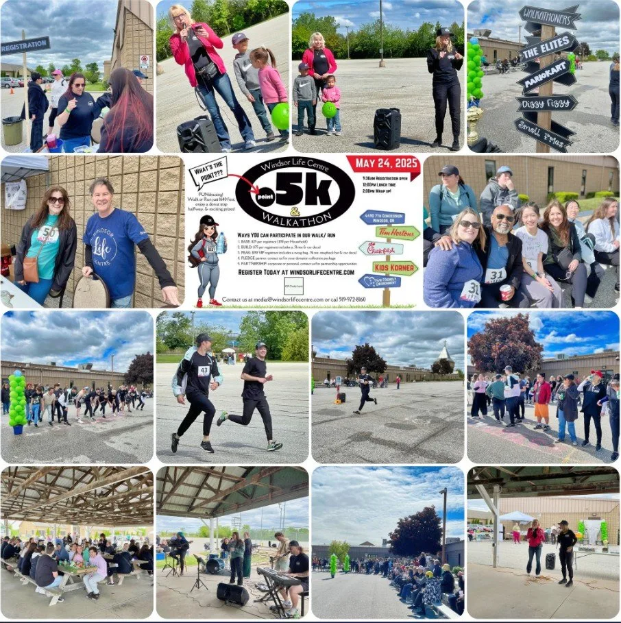 A collage from the Windsor Life Centre walk-a-thon: participants walking and running a marked course, the event poster, and volunteers at tables under a shelter.